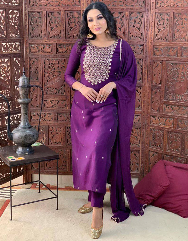 Traditional Function Wear Rayon Slub Readymade Suit Collection Purple Rayon Slub Pant Straight Front View